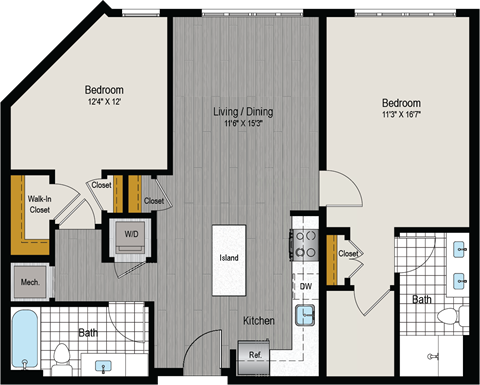 Floor plan for 2 beds, 2 baths, 996 sqft